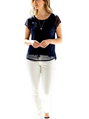 INC International Concepts Navy Floral Mesh Blouse Women’s Medium EUC